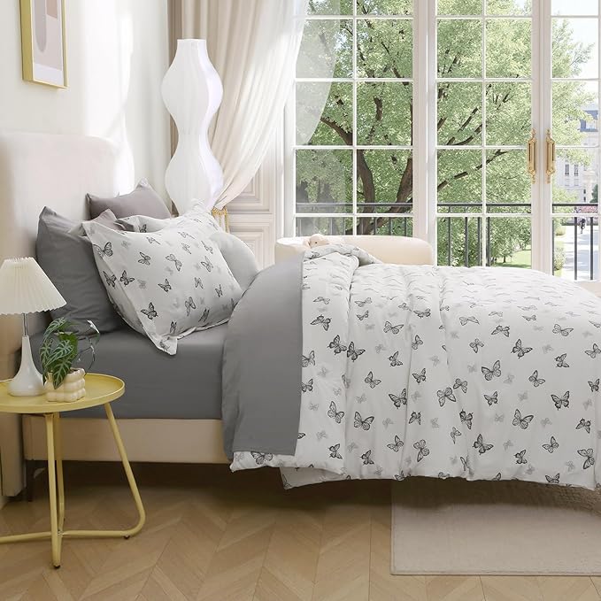 7 Pieces Black Butterfly Comforter Set for Girls Kids Soft Fluffy Bedding Set Twin Size Bed in A Bag as Gifts (1 Comforter, 1 Flat Sheet, 1 Fitted Sheet, 2 Pillowcase and 2 Pillow Sham)