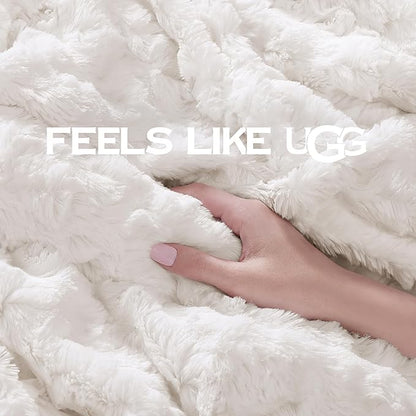 UGG Faux Fur Full/Queen Blanket for Bed, Double-Sided Soft Blanket, Warm Large Throw for Couch, Washable Full or Queen Bedding, Luxury Bedroom Decor, 90" x 90", Natural White (Adalee)