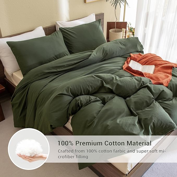 CozyTide Olive Green Comforter Full Size,Cotton Dark Green Full Bedding Set,3 Pieces(1 Comforter and 2 Pillowcases) Lightweight Fluffy Comforter Set Ultra Soft
