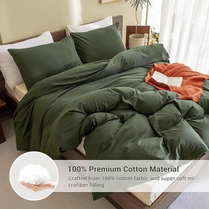CozyTide Queen Size Comforter Set Olive Green,Cotton Soft Solid Dark Green Bedding Set & Collections,3 Pieces Lightweight Bedding Set for All Seasons (90x90In Comforter and 2 Pillowcases)
