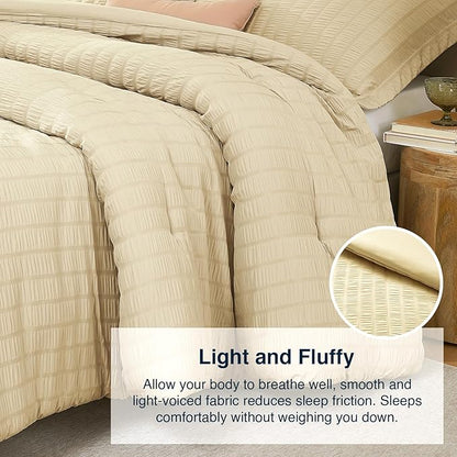 Linen Oversized Queen Comforter Set - 3 Pieces Seersucker Lightweight Bedding Comforter Sets (1 Soft Fluffy Comforter & 2 Pillowcases) - All Seasons Cozy Farmhouse Bed Sets for Women Men
