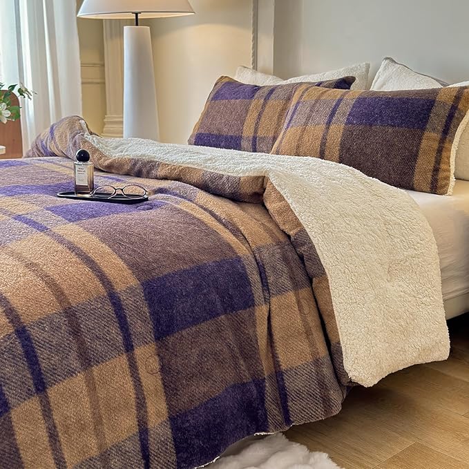 Cyusri Plaid Sherpa Comforter Set 3Pcs Fluffy Warm Fleece Down Alternative, Khaki Blue Grid Pattern Bedding Set with 2 Pillowcases, King Size 104"x90"