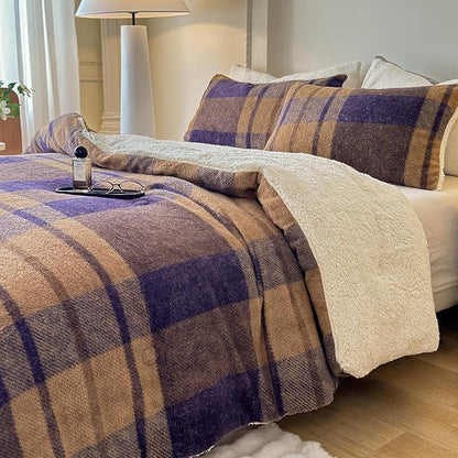 Cyusri Plaid Sherpa Comforter Set 3Pcs Fluffy Warm Fleece Down Alternative, Khaki Blue Grid Pattern Bedding Set with 2 Pillowcases, King Size 104"x90"