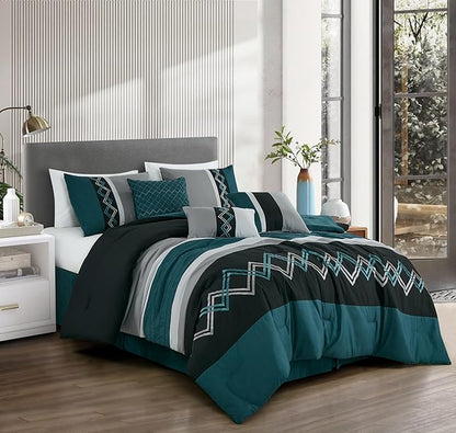 Chezmoi Collection Arden 7-Piece Modern Pleated Stripe Embroidered Zigzag Bedding Comforter Set (Oversized King, Teal/Black/Gray)