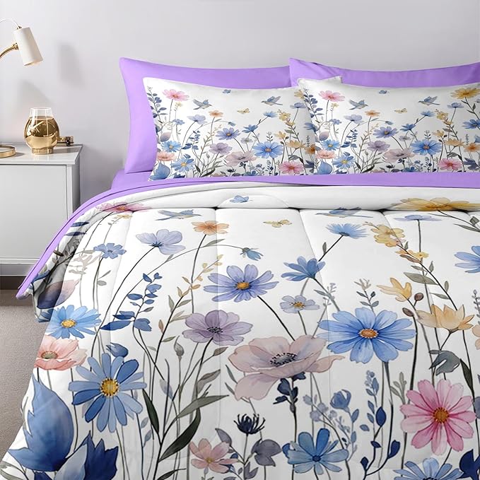 Nesker 7 Pcs Spring Comforter Set King Size, Blue Floral Bird Bedding Set for Kids and Adults, Purple Flower Butterfly Bed Sheet Sets with Fitted Sheet 2 Pillowcases & 2 Shams