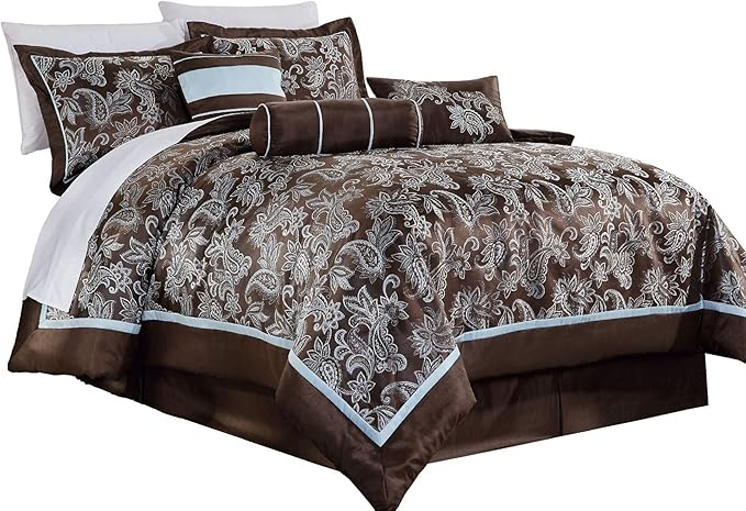 Chezmoi Collection Tuscany 7-Piece Blue Brown Paisley Floral Jacquard Comforter Bedding Set, King Size