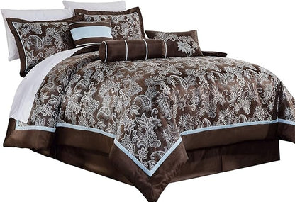 Chezmoi Collection Tuscany 7-Piece Blue Brown Paisley Floral Jacquard Comforter Bedding Set, King Size