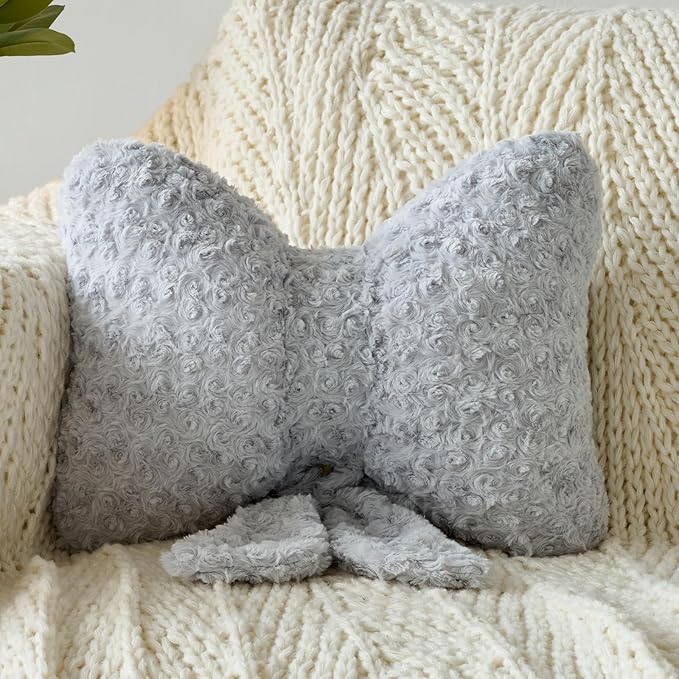 Bow Pillow, Decorative Bow Pillows with Soft Plush for Couch Bed, Bow Shaped Throw Pillow Room Decor for Bedroom, Bow Decorative Pillow for Living Room (Grey, Large-16 Inches)