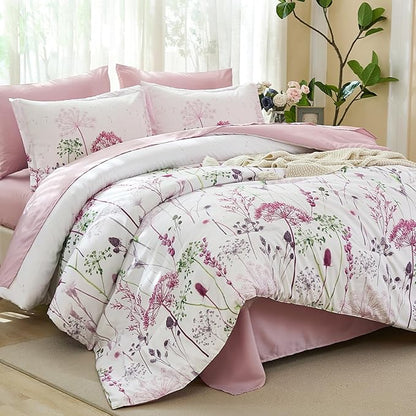 Yiran Pink Comforter Set Queen, 7 Piece Dandelion Floral Bedding Set, Botanical Bed in a Bag Queen, Soft Microfiber Complete Bedding Set with Comforter, Sheets, Pillowcases & Shams