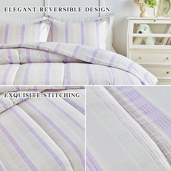 Joyreap 3pcs Cotton Comforter Set Twin, Purple Stripes Stylish Design, Soft Cozy Lightweight Bedding Comforter Set for All Seasons- 68x88 inches