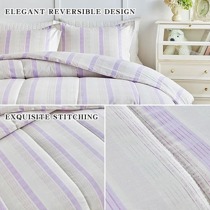 Joyreap 3pcs Cotton Comforter Set Twin, Purple Stripes Stylish Design, Soft Cozy Lightweight Bedding Comforter Set for All Seasons- 68x88 inches