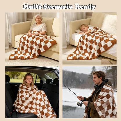 MorroMorn Checkered Throw Blanket for Couch, 2-Layers Soft Cozy Fleece Plaid Blankets Checkerboard Grid - Fluffy Fuzzy Warm for Sofa Chair Bed Christmas Fall Decor Gifts (Caramel, Throw 50"x60")