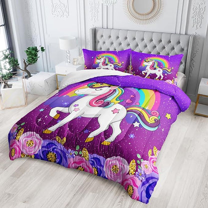 Cute Unicorn Comforter Sets Bedding Sets for Kids,Rainbows and Flowers Comforter Sets Twin Size，All Season 1 Comforter and 2 Pillowcases