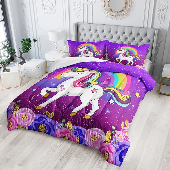 Cute Unicorn Comforter Sets Bedding Sets for Kids,Rainbows and Flowers Comforter Sets Full Size，All Season 1 Comforter and 2 Pillowcases