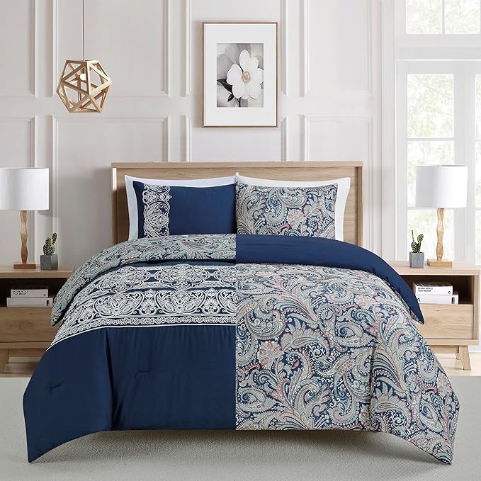 Sunshine Nicole Reversible Comforter Set, Brushed Microfiber Fabric with Embroidery for Front and Printed Microfiber Fabric for Reverse, 3 Pieces Navy King