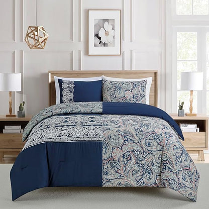 Sunshine Nicole Reversible Comforter Set, Brushed Microfiber Fabric with Embroidery for Front and Printed Microfiber Fabric for Reverse, 3 Pieces Navy King