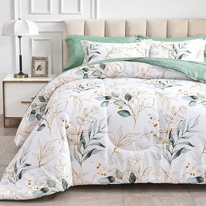 Joyreap 7 Piece Bed in a Bag Queen, Green Leaves Printed on White Botanical Design, Microfiber Set for All Season (1 Comforter, 2 Pillow Shams, 1 Flat Sheet, 1 Fitted Sheet, 2 Pillowcases)