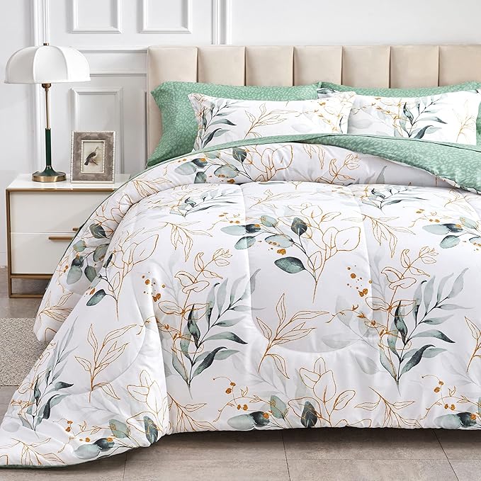 Joyreap 7 Piece Bed in a Bag King, Green Leaves Printed on White Botanical Design, Microfiber Comforter Set for All Season (1 Comforter, 2 Pillow Shams, 1 Flat Sheet, 1 Fitted Sheet, 2 Pillowcases)