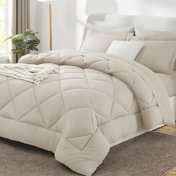 CozyLux Queen Comforter Set Beige - Bed in a Bag Queen Size 7 Pieces, Luxury Soft Bed Set for All Seasons, Bedding Set with Down Alternative Comforter, Sheets, Pillowcases & Shams