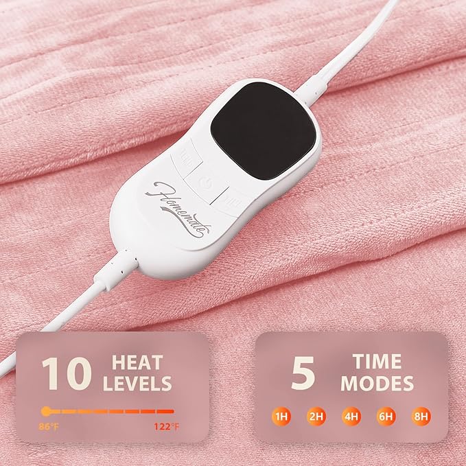Homemate Electric Heated Blanket Twin Size - 62"x84" Heating Blanket Twin Size 1/2/4/6/8 Hours Auto-Off 10 Heat Level Over-Heat Protection Flannel Sherpa ETL Certification