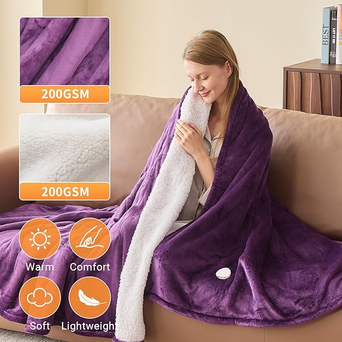 Electric Heated Blanket Twin Size 62''x84'' Soft Flannel & Sherpa Electric Blanket with 10 Heating Levels, Automatically Shut Down After 8h with Overheat Protection Machine Washable