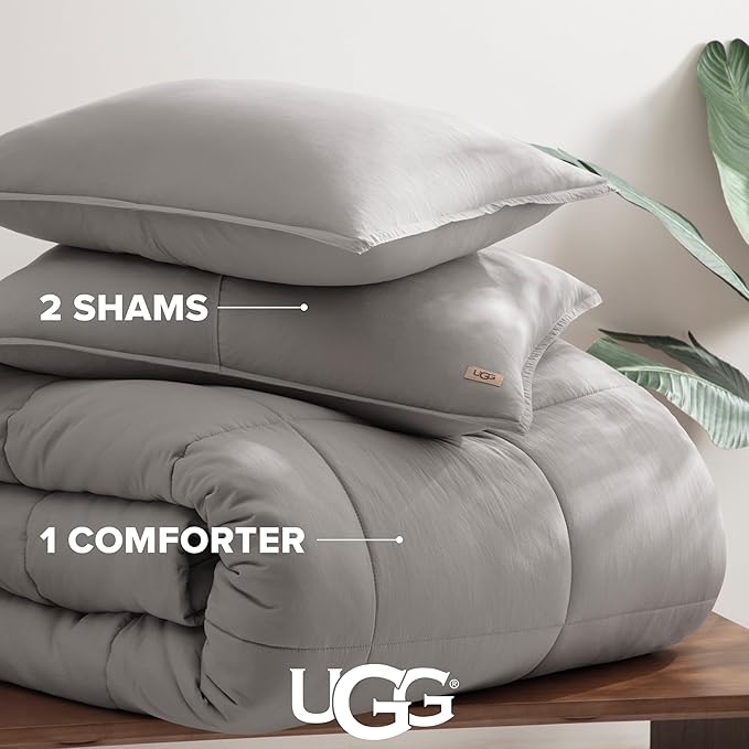 UGG Leonora Comforter Set with 2 Pillow Shams Lightweight Down Alternative Blanket Reversible Cozy Warm All Season Washable and Hypoallergenic Bedding Set, Full/Queen, Light Grey