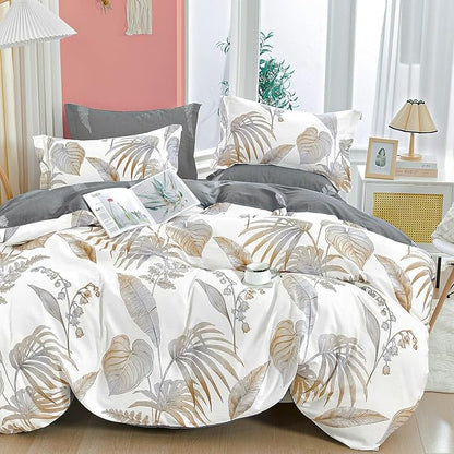 Natural Cotton 2pcs Floral Comforter Sets Twin Size-Gray Comforter with Luxurious Brown Branches and Taupe & Gray Leaves on White, Reversible Lightweight Bedding Sets(Twin 68"×90")