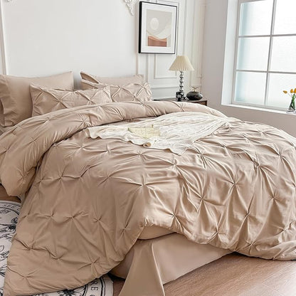 Maple&Stone Beige Comforter Set Queen, 7 Pieces Bed in a Bag Queen, Pintuck Bedding Sets with Comforter, Sheets, Pillowcases & Shams - Beige