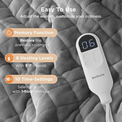 Bedsure Electric Blanket Twin - Quilted Heated Blanket Twin Size, Soft Flannel Thick Heating Blanket with 10 Time Settings & 6 Heat Settings, Warm Gifts for Women Men (62x84 inches, Formal Gray)
