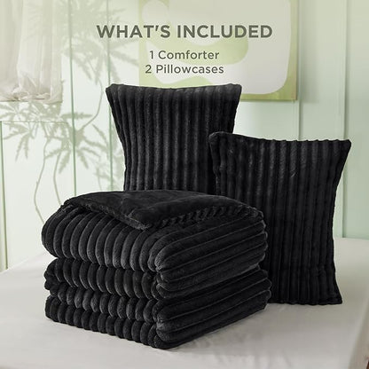 Bedsure Queen Comforter Set - GentleSoft™ 3 Pieces Fluffy Double-Side Fleece Comforter Set, Cozy Striped Room Decor Aesthetic, Luxury Black Bedding Queen Size with 2 Pillowcases, 90x90 Inches