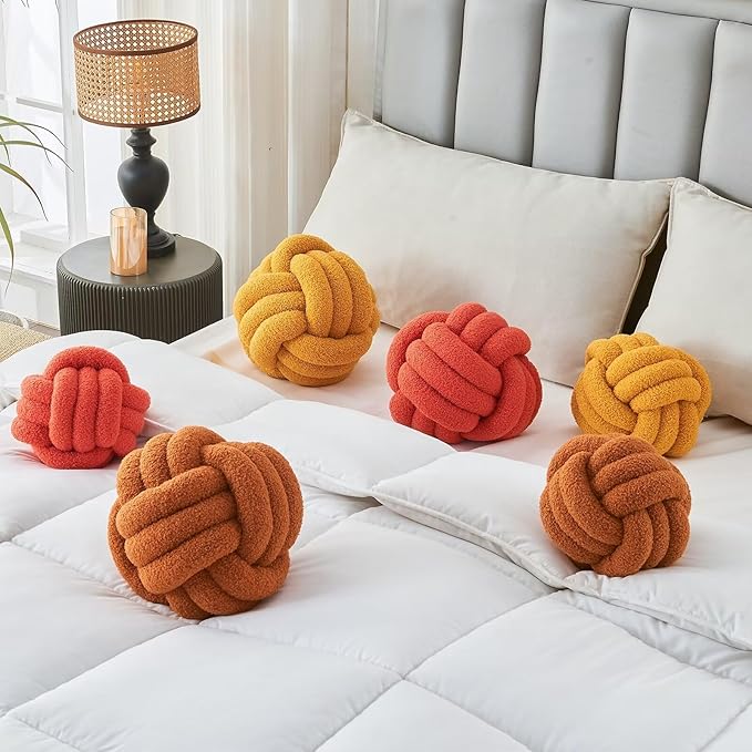 Decorative Throw Knot Pillow Ball for Home Chair Sofa Couch Bed Aesthetic Round Decor Pillows Lambswool Knotted Pillow Cushion (Caramel, 8inches)