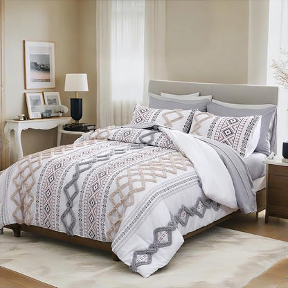 MOVE OVER Beige and Gray Tufted Comforter Set Queen Size 5 Pieces Bohemian Style Geometric Tufted Bedding Set Farmhouse Boho Aztec Comforter Set with 2 Decor Pillow Covers for Room Decor