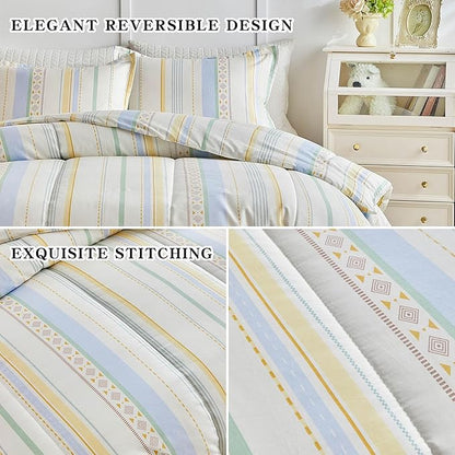 Joyreap 3pcs Cotton Comforter Set King, Stripes Boho Blue Yellow Beige Design, Soft Cozy Lightweight Bedding Comforter Set for All Seasons- 100x88 inches