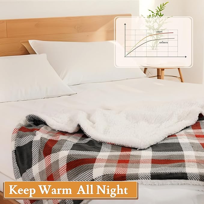 Electric Heated Blanket 72"x84" Full Size Flannel & Sherpa - 4 Heat Settings & 10H Auto Shut Off, Fast Heating, Machine Washable for Bed, Couch, Office - Black and Red Checkered Pattern