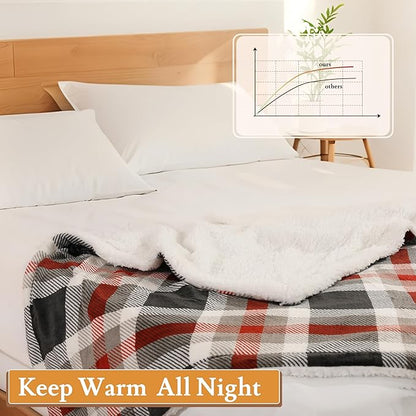 Electric Heated Blanket 72"x84" Full Size Flannel & Sherpa - 4 Heat Settings & 10H Auto Shut Off, Fast Heating, Machine Washable for Bed, Couch, Office - Black and Red Checkered Pattern