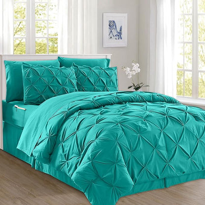 Elegant Comfort 8-Piece Pinch Pleated Comforter Set - All Season Complete Bed in a Bag, Includes 4pc Smart Sheet Set, Bed Skirt, Comforter, Matching Pillowcases and Shams, Twin/Twin XL, Teal