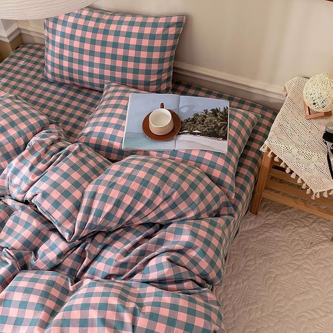 mixinni Plaid Comforter Set Queen - 3 Piece Soft Geometric Checkered Comforter with 2 Pillow Shams, Modern Gingham Pattern Bedding Set for All Season, Breathable & Soft Cozy (Pink, Purple, Blue)