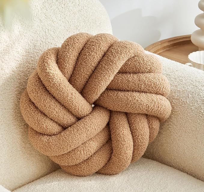 Khaki Knot Pillow 13.7'' Round Throw Pillow Soft Plush Knot Ball Pillow Handmade Knotted Pillow Modern Home Decorative Knotted Pillow Cushion for Bed Bedroom, Sofa, Couch