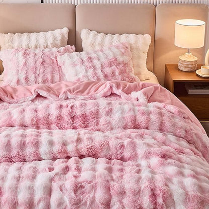 Queen Faux Rabbit Fur Comforter Set - 3 Pieces Fluffy Bedding Set Ultra Soft Warm Shaggy Plush Winter Flannel Bedding Set for Girls Women, Skin Friendly Sherpa Comforter Bed Set & 2 Pillow Shams Pink