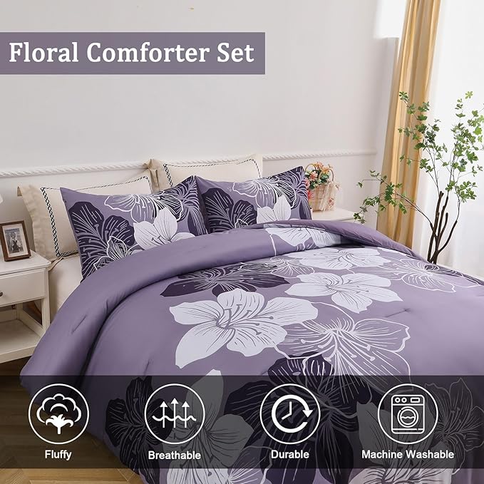 Menghomeus Dark Purple Comforter Set Full Floral Bedding Comforter Sets - Soft Microfiber Bed Set for All Season 3 Piece Botanical Flowers Comforter, Pillowcases