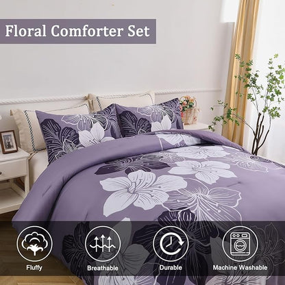 Menghomeus Dark Purple Comforter Set Full Floral Bedding Comforter Sets - Soft Microfiber Bed Set for All Season 3 Piece Botanical Flowers Comforter, Pillowcases