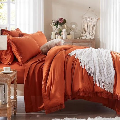 Anluoer Queen Comforter Set 7 Piece with Sheets, Burnt Orange Boho Bed in a Bag Queen, Lightweight Terracotta Bedding Sets