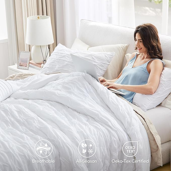 Comfort Spaces Comforter for King Size Bed, Ogee Ruched with Crinkle Texture, Breathable Comforter Set King, All Season Lightweight Bedding Set, Shams, Décor Pilow, King/Cal King White 4 Piece