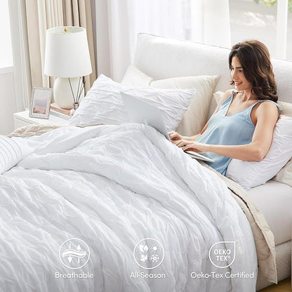 Comfort Spaces Comforter for King Size Bed, Ogee Ruched with Crinkle Texture, Breathable Comforter Set King, All Season Lightweight Bedding Set, Shams, Décor Pilow, King/Cal King White 4 Piece