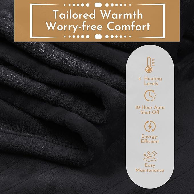 Electric Heated Blanket 72"x84" Full Size Flannel Heated Blanket, Cozy & Warm for All Night, 5 Heat Settings & 10 Hours Auto Off, Machine Washable, Black