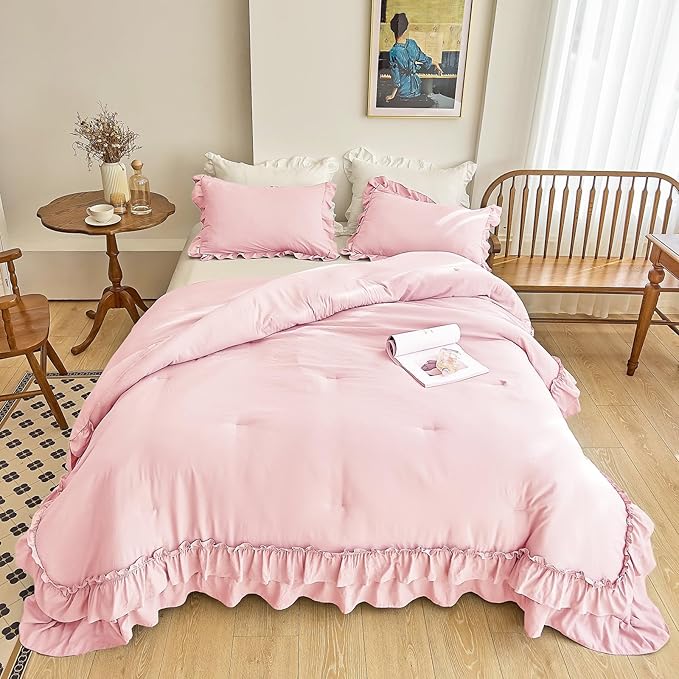 AIKASY Peach Pink Ruffle Comforter Twin, 3 Pieces Vintage Ruffle Fringe Comforter, Farmhouse Rustic Microfiber Down Alternative Bedding Comforter Set (1 Comforter + 2 Pillow Shams)