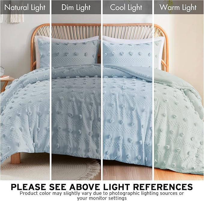 Intelligent Design Queen Comforter Set, Clipped Jacquard Comforter Set Chic Pompom Accent, All Seasons Lightweight & Fluffy Comforter Bed Set with 2 Shams, Lucy, Full/Queen, Blue 3 Piece