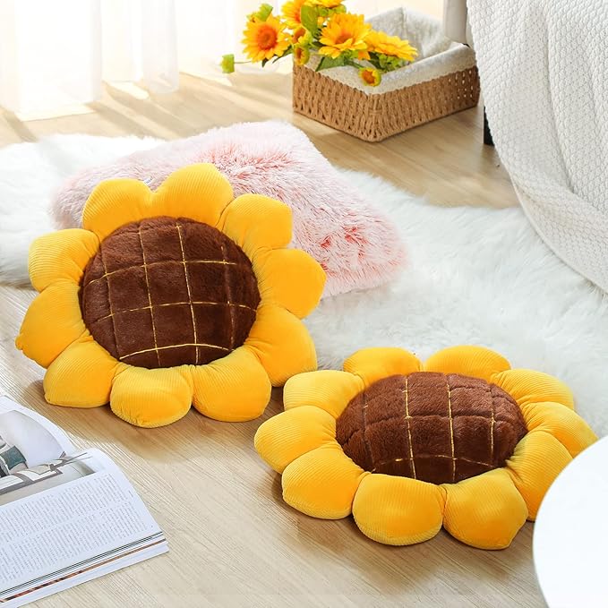 Coume 2 Pieces 3D Sunflower Flower Floor Pillow Seating Cushion Mat Sunflower Shaped Throw Pillow Yellow Chair Pads Decorative Plush for Bed Car Chair Sofa Office Gifts(19 Inch)