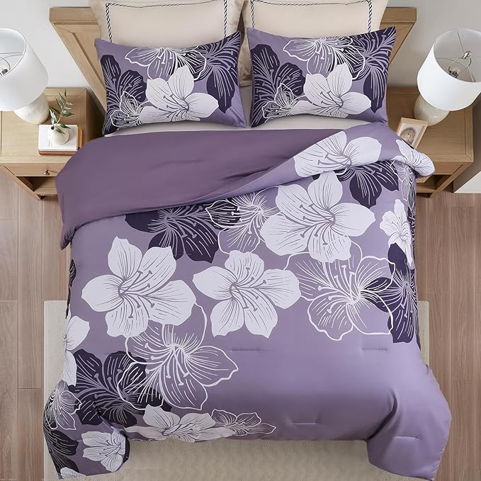 Menghomeus Queen Comforter Set Dark Purple Floral Bedding Comforter Sets - Soft Microfiber Bed Comforter Set for All Season, 3 Piece Botanical Flowers Comforter, Pillowcases