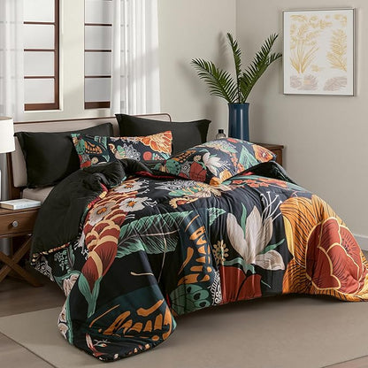 Black Boho Floral Queen Comforter Set - 3 Piece Vintage Farmhouse Bedding Comforter Sets for All Season Soft Lightweight Mid Century Modern Bed Set, (1 Reversible Comforter and 2 Pillow Shams